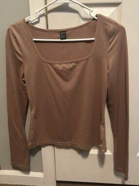 SHEIN Taupe Scoop Neck Long Sleeve Top